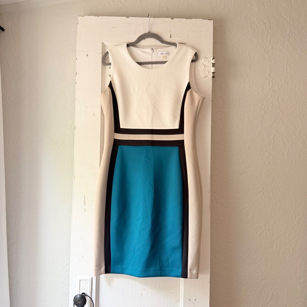 Calvin Klein Colorblock Sleeveless Sheath Dress Teal Cream Black Tan Size 14